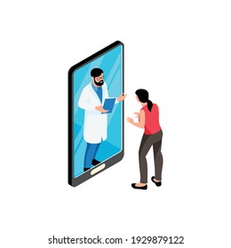 Isometric Online Medicine Composition With Female Patient Character Talking To Doctor On Phone Screen Vector Illustration