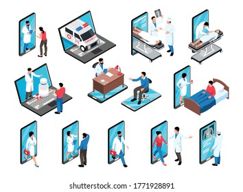 Isometric online medicine set of isolated electronic gadget icons doctors and patients characters with ambulance car vector illustration