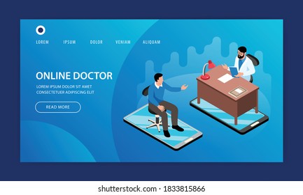 Isometric online medicine website template design with characters of doctor and patient clickable links and buttons vector illustration