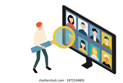 Isometric, online meetings and men with magnifying glass