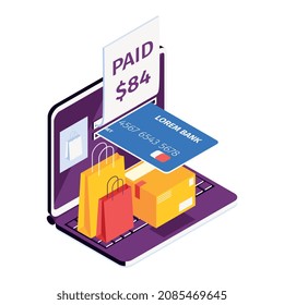 Composición isométrica de los bancos móviles en línea con iconos de las bolsas de compra de portátiles y la ilustración vectorial de la tarjeta de pago