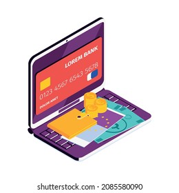 Isometric online mobile bank composition with icons of laptop exchange and payment methods vector illustration