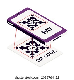 Isometrische Online-Banking-Komposition mit Symbolen für Smartphone-Scanning qr-Code, Vektorgrafik