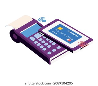 Isometric online mobile bank composition with icons of smartphone and payment terminal vector illustration