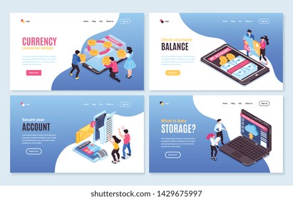 Isometric online mobile banking horizontal banners set with conceptual images of people smartphones and editable text vector illustration