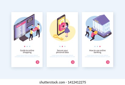 Isometric online mobile banking vertical banners collection with text buttons and images of people and electronics vector illustration