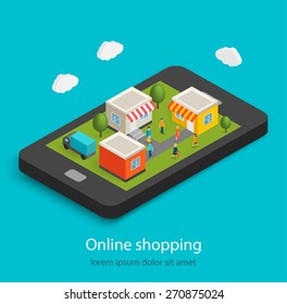 Isometric online mobile shopping, e-commerce, sales, electronic business concept. Shops and stores are on smartphone, people walking between them