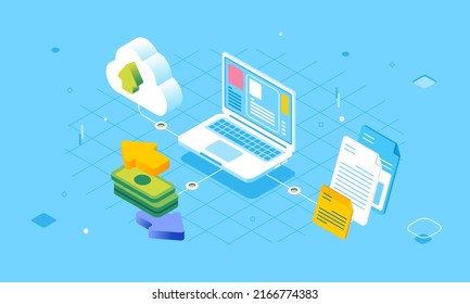 Isometric Online Network Transfer Payment, Document, Cloud Computing Concept Flat 3D Pastel Color Palette