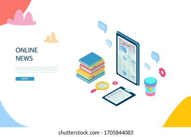 Isometric online news update concept. Latest news article for landing page website, mobile app, online newspaper pressure, banner. Vector Breaking news flat illustration isolated on background