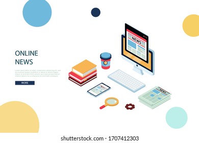 Isometric online news update concept. Latest news article for landing page website, mobile app, online newspaper pressure, banner. Vector Breaking news flat illustration isolated on background