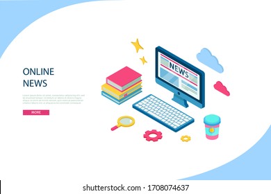 Isometric online news update concept. Latest news article for landing page website, mobile app, online newspaper pressure, banner. Vector Breaking news flat illustration isolated on background
