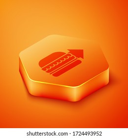 Isometric Online ordering and burger delivery icon isolated on orange background. Orange hexagon button. Vector Illustration