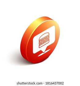 Isometric Online ordering and burger delivery icon isolated on white background. Orange circle button. Vector