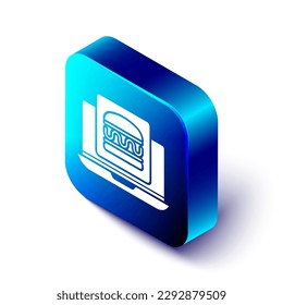 Isometric Online ordering and burger delivery icon isolated on white background. Blue square button. Vector