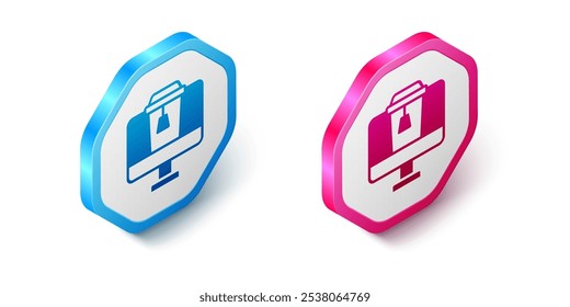 Isometric Online ordering and fast food delivery icon isolated on white background. Hexagon button. Vector