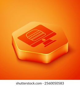 Isometric Online ordering and fast food delivery icon isolated on orange background. Orange hexagon button. Vector Illustration