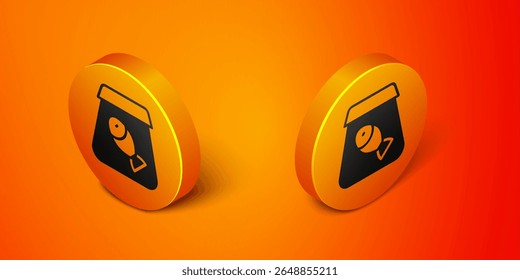 Isometric Online ordering and fast food delivery with fish icon isolated on orange background. Orange circle button. Vector