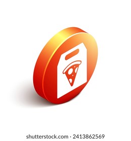 Isometric Online ordering and fast pizza delivery icon isolated on white background. Orange circle button. Vector