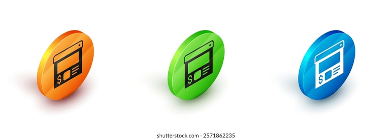 Isometric Online ordering and food delivery icon isolated on white background. Circle button. Vector