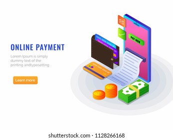 Isometric, online payment from app concept. Internet payments by card, and cash options and payment receipt, secure money transfer with stack on coins, and bank currency notes. 