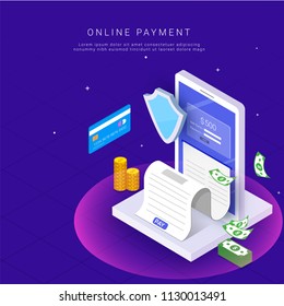 Isometric, online payment from app concept. Internet payments by card and payment receipt. Secure money transfer with stack of coins, and bank currency notes. Isometric, online payment from app concept. Internet payments by card and payment receipt. Secure money transfer with stack of coins, and bank currency notes.
