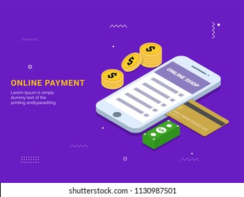 Isometrisch, Online-Zahlung aus App-Konzept. Internet-Zahlungen per Karte, sichere Überweisung mit Stack auf Münzen und Banknoten. 