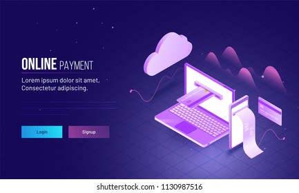 Isometric online payment by credit or debit cards from laptop and smartphone. Landing page design. 