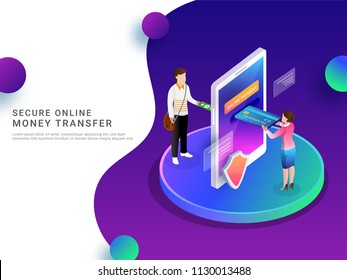 Isometric, online payment by mobile, secure money transfer or money conversion concept from card to cash. Isometric, online payment by mobile, secure money transfer or money conversion concept from card to cash.