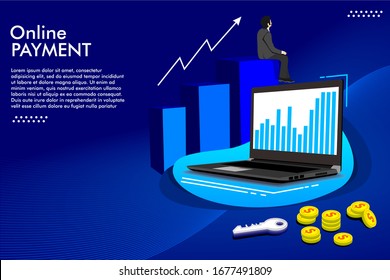 Concepto de pago online isométrico. Compra en el mercado electrónico ilustraciones en línea con personajes diminutos. concepto de pago móvil o transferencia de dinero. plantilla para página de inicio web, banner.