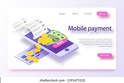 Isometric online payment online concept. Electronic bill, online payment sms notification, pay history, finance data protection, smartphone with credit card. Concept mobile payments