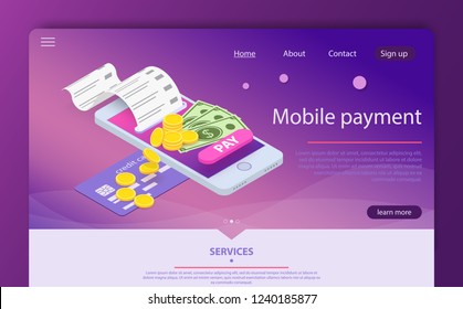 Isometric online payment online concept. Electronic bill, online payment sms notification, pay history, smartphone with credit card. Concept mobile payments. Money transferring via smartphone app