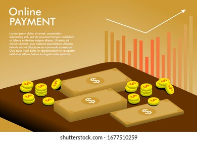 Concepto de pago en línea isométrico con fondo de oro. Ilustración en línea del mercado de comercio electrónico. Concepto de ingresos comerciales. plantilla para página de inicio web, banner.