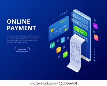 Isometric online payment online concept. Internet payments, protection money transfer, online bank vector illustration