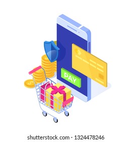 Isometric online payment online concept. Internet payments, protection 