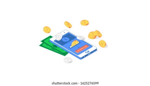Isometric online payment mobile application. Vector illustration of banknotes, golden and silver coins with phone, interface and button isolated on white background. Flat design smartphone commerce