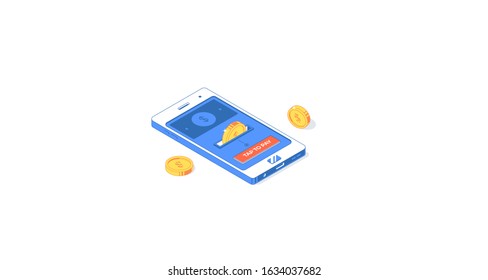 Isometric online payment mobile application. Vector illustration of golden coins, phone with digital interface isolated on white background. Flat design smartphone financial and commerce app concept