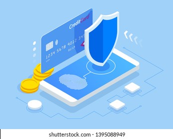 Isometric online payment protection system. Smartphone and credit card. Mobile data security. Secure bank transaction with password verification via internet. App programming technology and software