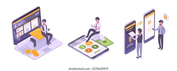 Isometric online payment service. Mobile payment transfer, electronic cashier terminal and currency conversion app 3d vector illustration collection