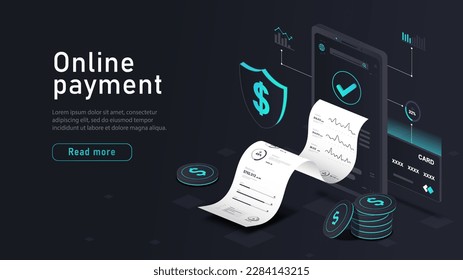 Isometric online payment. Smartphone with check. Mobile application and program, software. Banking operations on Internet. Invoice and bill, receipt. Cartoon vector illustration