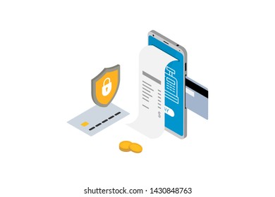 Isometric online payment transaction with receipt concept. Electronic invoice digital bill for mobile internet banking. Smartphone with credit card protection money vector illustration