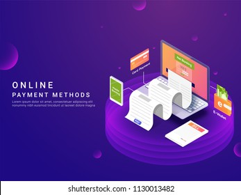 Isometric, online payment ways or option concept. Internet payments by card, net banking and e-wallets and payment receipt. Secure money transfer. Laptop device.