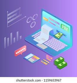Isometric online payments, notification on financial transaction, mobile bank, laptop with a paper bill. Electronic banking concept. Vector illustration.