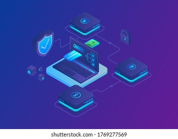 Isometric online payments, online payment concept. The interconnection of aspects that allow online payments. Vector graphics, gradient. Can be used for sites, web banners, presentations. EPS 10.