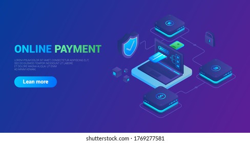 Pagos online isométricos, concepto de pago en línea. La interconexión de aspectos que permiten pagos en línea. Gráficos vectoriales, gradiente. Se puede usar para sitios, banners web, presentaciones. EPS 10.