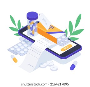 Isometric online pharmacy app, phone screen with pharmacy medicines and pills. Health care pharmacy mobile app vector background illustration. Online pharmacy concept