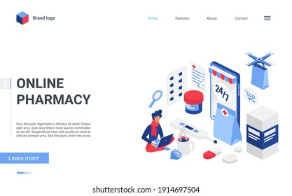 Isometric online pharmacy store concept vector illustration. Cartoon landing page mobile website design, healthcare drugstore web service to buy medicine drugs, pills, medicaments via smartphone