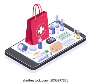 Isometric online pharmacy store. Medicine product or equipment on smartphone screen. Buying medication online, medicines delivery vector concept. Bag with cross and pills for treatment