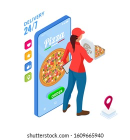 Isometric Online Pizza Order mobile app templates. Free delivery, Female courier, Fast food delivery online service.