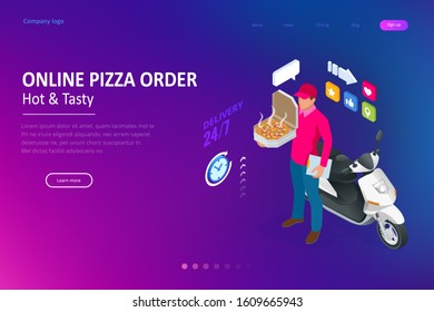 Isometric Online Pizza Order mobile app templates. Free delivery, Fast food delivery online service.