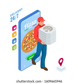 Isometric Online Pizza Order mobile app templates. Free delivery, Fast food delivery online service.